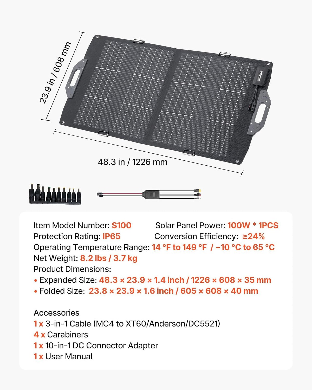 VEVOR Placa Solar Plegable 100W, Panel Solar Portátil con Célula Fotovoltaica Bifacial, Salidas de USB MC4 DC, IP65 Impermeable, Compatible con Estaciones de Energía Autocaravanas Acampada Viajes