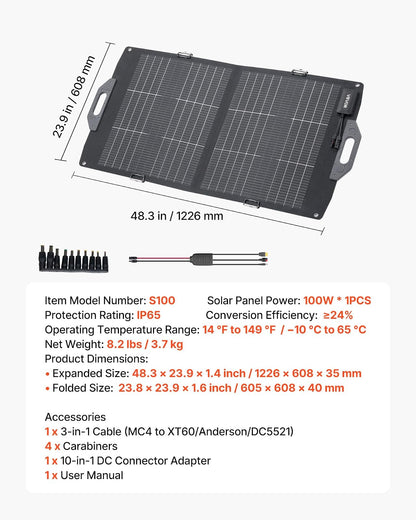 VEVOR Placa Solar Plegable 100W, Panel Solar Portátil con Célula Fotovoltaica Bifacial, Salidas de USB MC4 DC, IP65 Impermeable, Compatible con Estaciones de Energía Autocaravanas Acampada Viajes