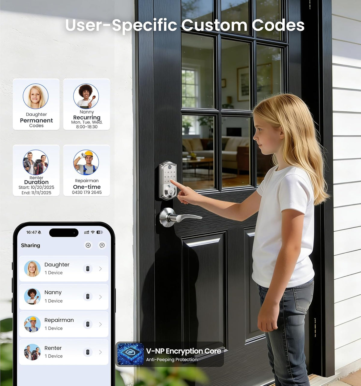 Veise VE017 - Cerradura de puerta inteligente con huellas dactilares, control de aplicación, entrada sin llave 7 en 1, bloqueo automático, puerto de alimentación de emergencia, teclado electrónico con