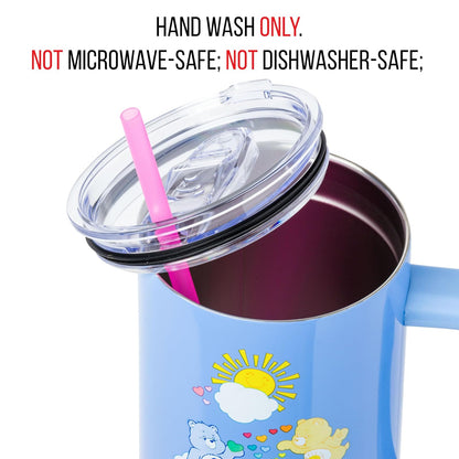 Silver Buffalo Care Bears con oso gruñón, Funshine y Love-A-Lot Bear Heart Showers Vaso de acero inoxidable de doble pared con mango y popote, se adapta a portavasos estándar, 40 onzas