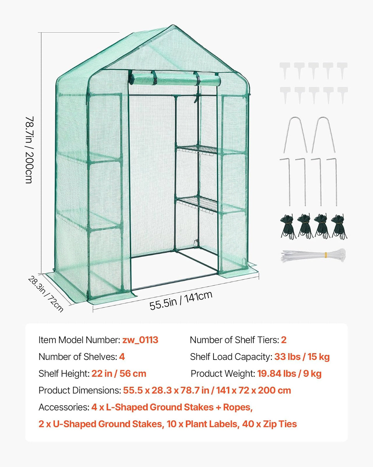 VEVOR - Casa Verde sin Caminar, 55 x 29.3 x 81.5 Pulgadas, Invernadero portátil con estantes, Cubierta de Polietileno de Alta Resistencia con Puerta Enrollable y Marco de Acero, para Plantar y