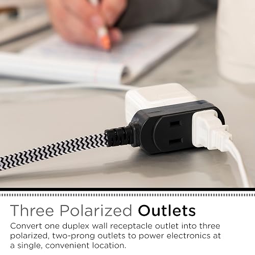 Cordinate Designer, Extension Electrica de 3 salidas polarizadas, Cable Trenzado de 2.4 m (8 pies), Sistema de Seguridad para Trabar, Enchufe Plano, Certificacion ETL, Blanco/Negro, 1 paquete, 39984