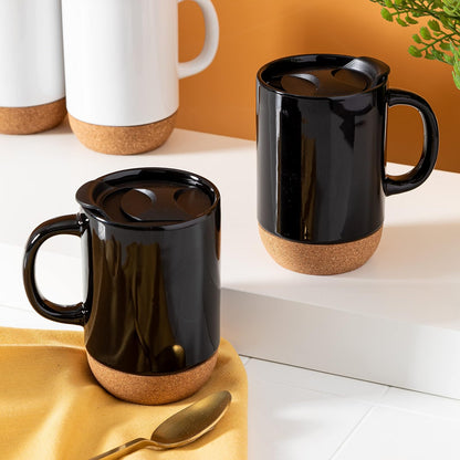 Gibson Home Modani Juego de 2 tazas de cerámica grandes de 16 onzas con parte inferior y tapa de corcho extraíble, color negro