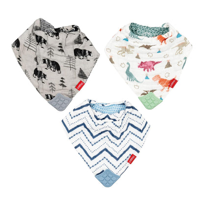 Nuby Reversible 100% Natural Cotton Muslin 3 Piece Teething Bib, Green/Grey/Blue, Dinosaur/Bear/Stripes, Paquete de 3