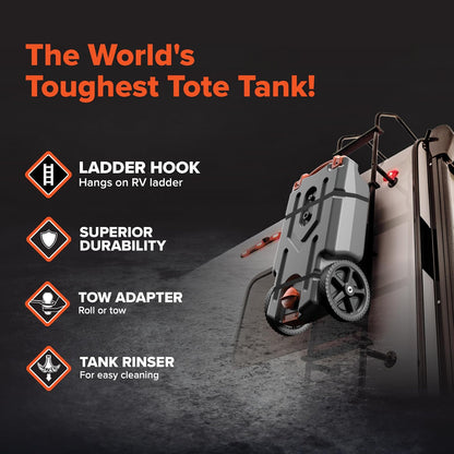 Camco Rhino - Tanque portátil de 15 galones para caravanas – Cuenta con Ruedas Grandes y Resistentes sin Planas y Orificio de Drenaje bajo, Incluye Adaptador de Remolque de Acero extraíble, Manguera