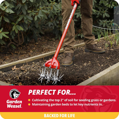 Cultivador rotativo de comadreja de jardín y timón de mano - 2 en 1 | Airear, malezas, cultivar, plantas, reseed | Herramienta de resiembra de césped, aflojador de piso de jardín | 91206