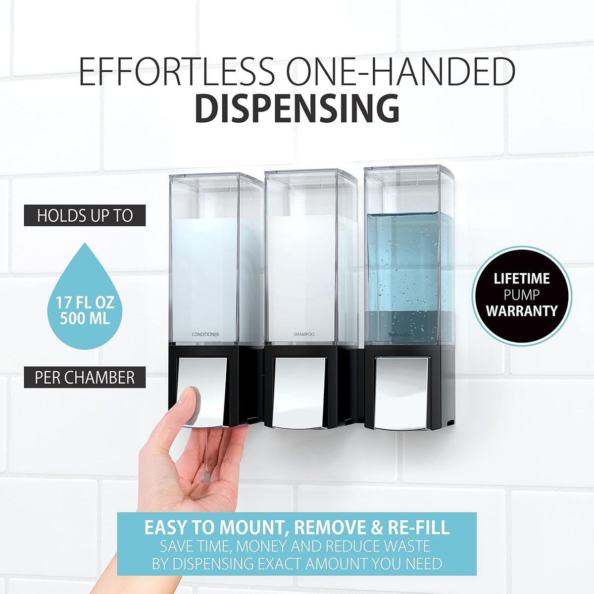 Better Living Products 77384 CLEVER Dispensador triple de jabón y ducha, negro/cromo