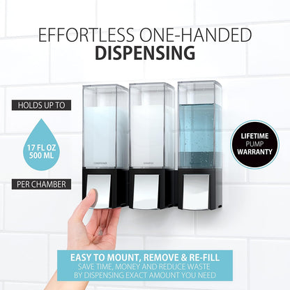 Better Living Products 77384 CLEVER Dispensador triple de jabón y ducha, negro/cromo