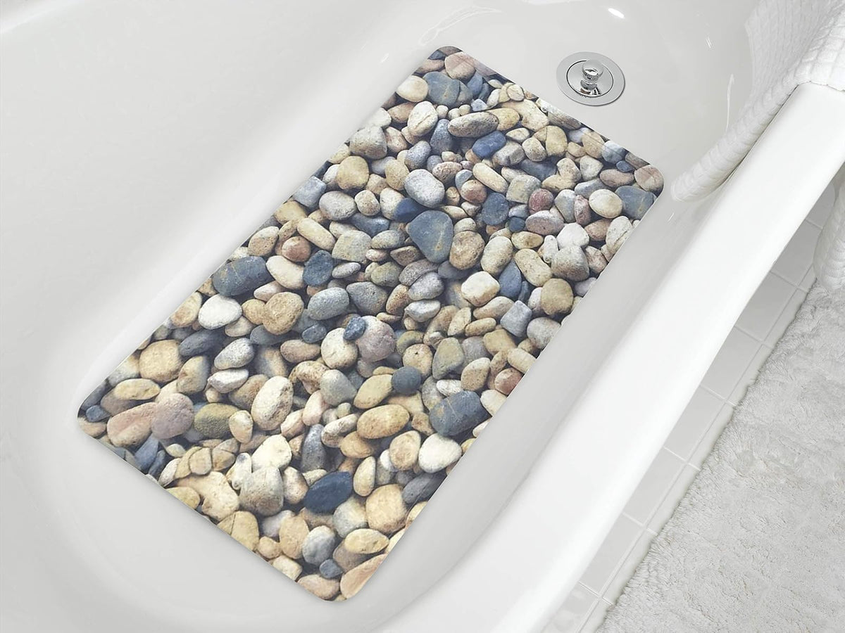 Splash Home Pebbles - Alfombrillas de Tina de PVC Impresas Antideslizantes, extralargas, Lavables a máquina, con 58 ventosas Fuertes, 16 x 27 Pulgadas, Color Gris