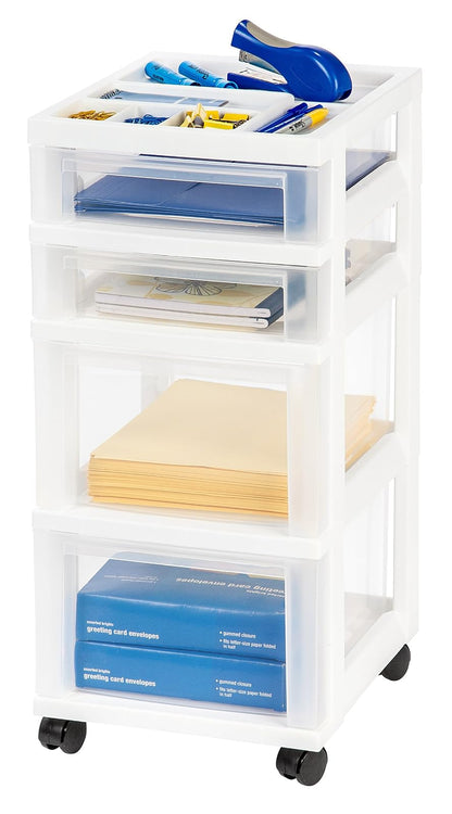 IRIS USA Carrito Organizador con Ruedas de 4 Cajones, Blanco/Transparente | Organiza manualidades, artículos de oficina, salón y accesorios con cajones de fácil acceso para uso diario