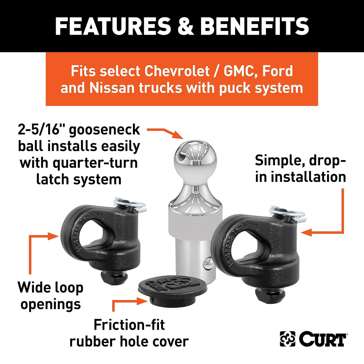 Curt 60639 Kit de Enganche de Cuello de Cisne para Chevy, Ford, GMC, Nissan Trucks, 40 Libras GTW, Bola de 2-5/16 Pulgadas, Requiere Pucks