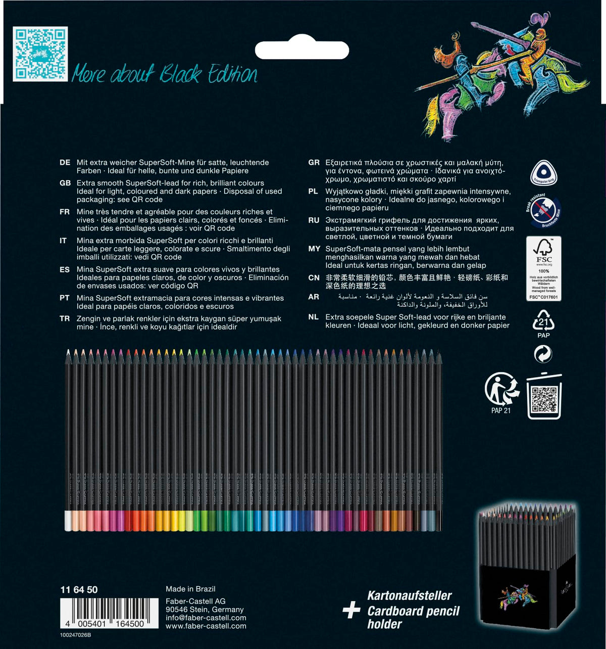 Faber-Castell Colores Supersoft Black Edition con 50 Diferentes Colores, cuenta con una mina supersuave y con una pigmentación fuerte resaltando tonos intensos sobre cualquier tipo de papel