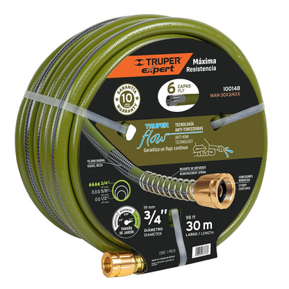 Truper Expert MAN-30X3/4XX, Manguera 3/4" anti-torceduras 6 conexiones de metal largo de 30 m