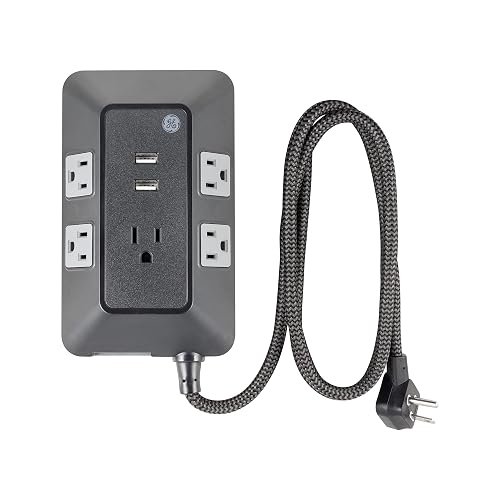 GE UltraPro Adapt Protector de sobretensiones de 5 Salidas con Puertos USB, 2 Puertos USB-A, 2.4A, Cable Trenzado de 3 pies, Protector de sobretensiones de 1780 Julios, Negro, 73777
