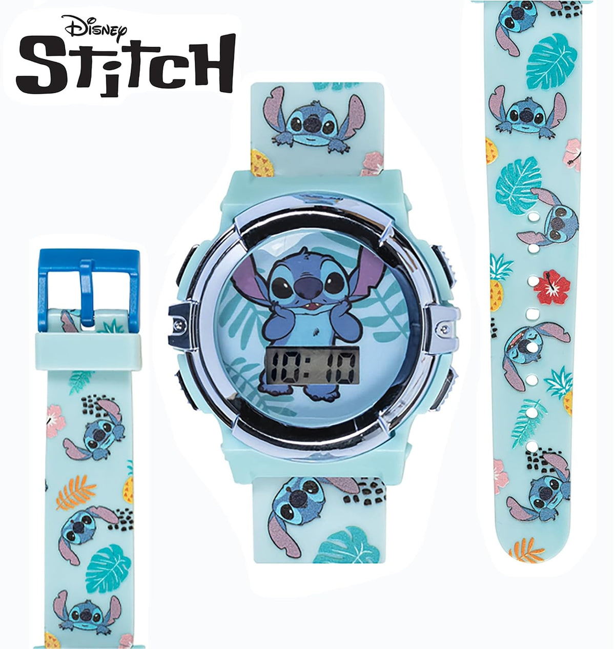 Accutime Disney Lilo and Stitch Blue Digital LCD Reloj de pulsera para niños, niñas, niños pequeños con correa gráfica multicolor (modelo: LAS4019AZ), Azul/Patchwork, Reloj de pulsera digital