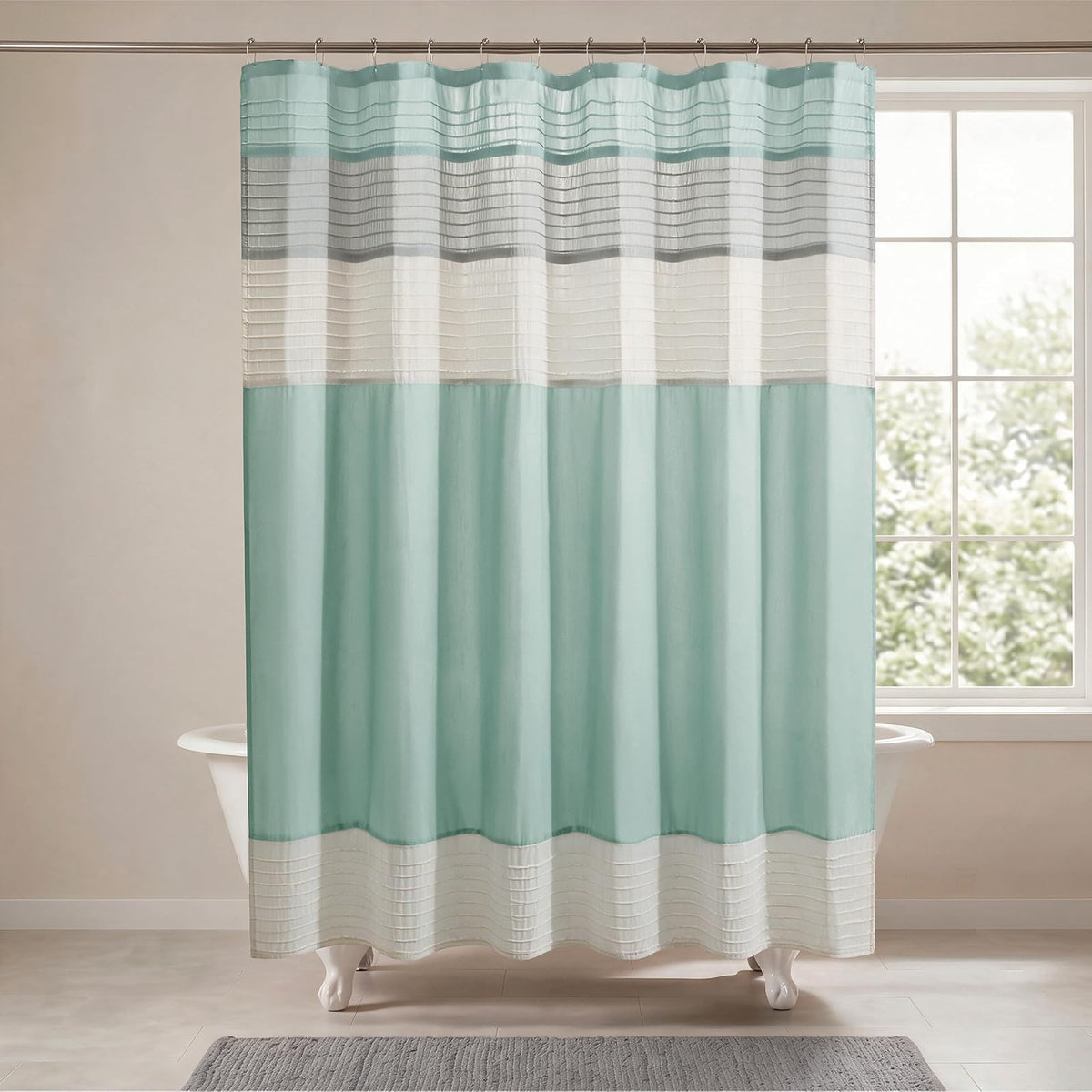Madison Park Amherst - Cortina de Ducha de Seda sintética a Rayas Modernas Cortinas de baño de Microfibra, 72 x 72 Pulgadas, Color Aguamarina