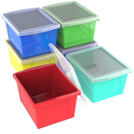 Storex Contenedor de almacenamiento de 4 galones con tapa, organizador de plástico para el aula para libros y suministros, colores surtidos, paquete de 6 (61406U06C)