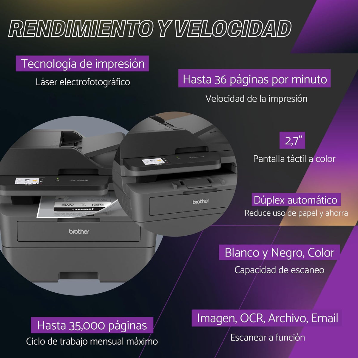 Brother Multifuncional Láser Monocromática DCP-L2660DW Dúlpex con Wi-Fi | Impresión, copiado y escaneado, dúplex, conectividad inalámbrica, impresión blanco y negro, 36 págs. por minuto