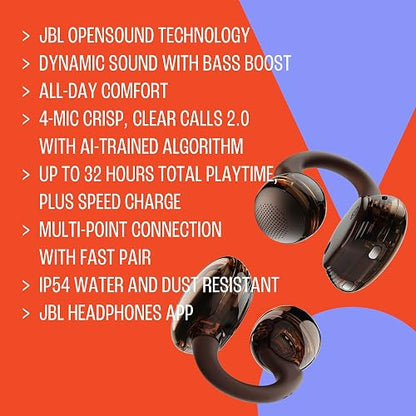 JBL Soundgear Clips - Auriculares inalámbricos de oído abierto, sonido dinámico con refuerzo de graves, comodidad durante todo el día, 4 micrófonos nítidos, llamadas claras 2.0 con algoritmo entrenado