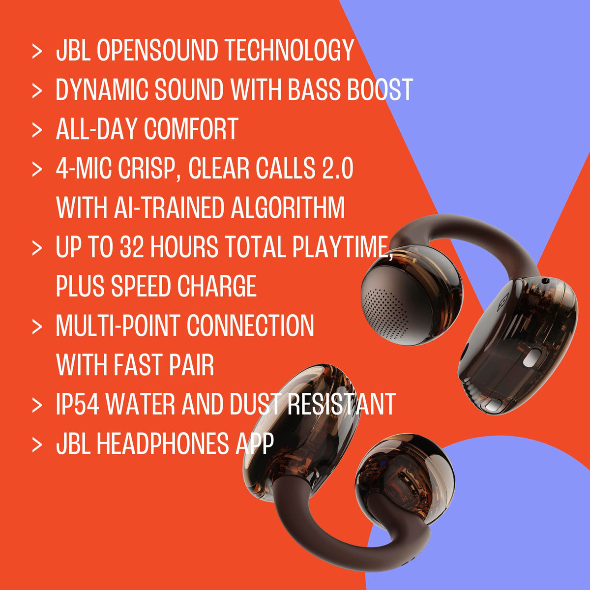 JBL Soundgear Clips - Auriculares inalámbricos de oído abierto, sonido dinámico con refuerzo de graves, comodidad durante todo el día, 4 micrófonos nítidos, llamadas claras 2.0 con algoritmo entrenado