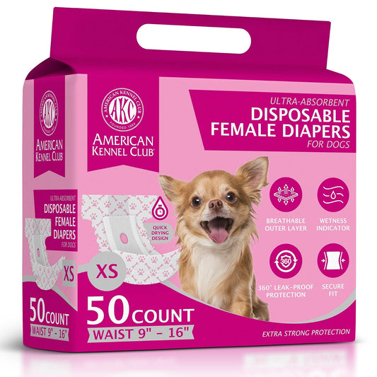 American Kennel Club Female Dog Wrap, Disposable Diapers with Wetness Indicator, X-Small, 50 Count