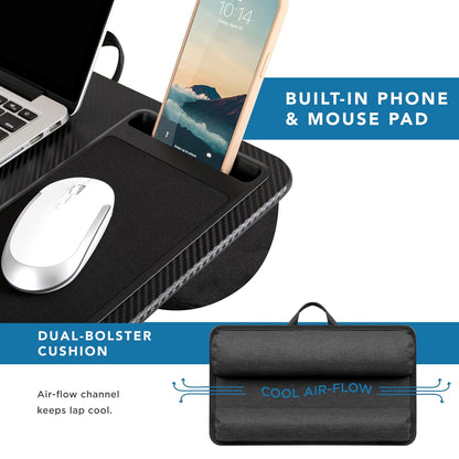 LapGear Escritorio de regazo para oficina en casa con repisa de dispositivo, alfombrilla de mouse y soporte para teléfono, carbón negro, se adapta a portátiles de hasta 15.6 pulgadas, estilo n.º 91588