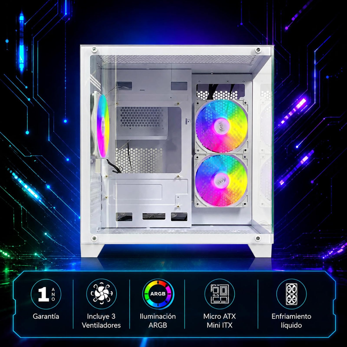 Gabinete Gamer M-ATX/M-ITX Micro Tower Blanco con 3 Ventiladores ARGB Vidrio Templado CXi2 Xzeal