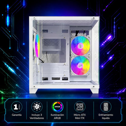 Gabinete Gamer M-ATX/M-ITX Micro Tower Blanco con 3 Ventiladores ARGB Vidrio Templado CXi2 Xzeal