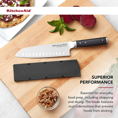 KitchenAid Gourmet - Cuchillo Santoku forjado de triple remache con cubierta de hoja de ajuste personalizado, cuchillo de cocina afilado, hoja de acero inoxidable japonés de alto carbono, color negro