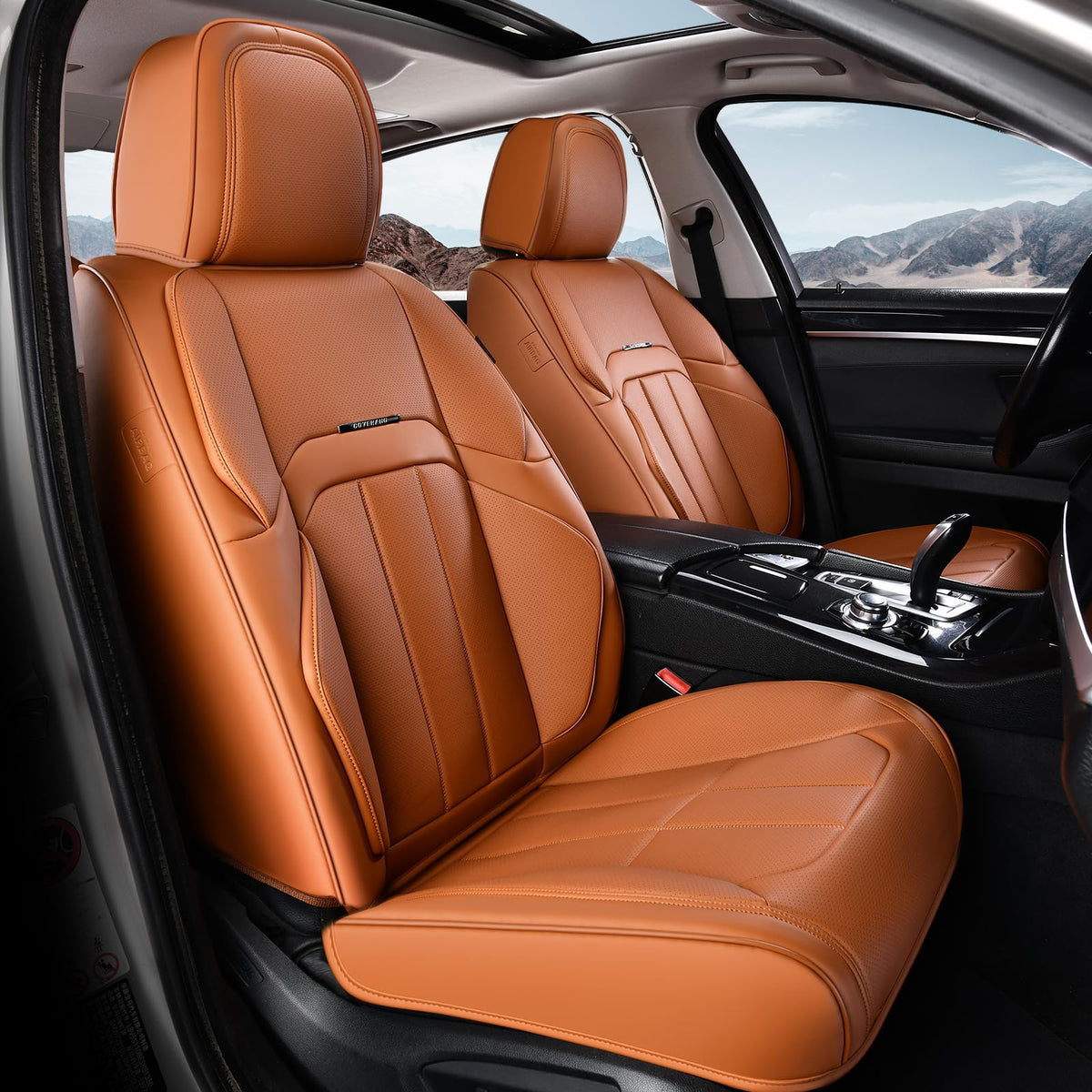 Coverado - Funda para Asiento de Coche, Funda para Asiento Delantero de Coche, Piel Premium, Ajuste Universal, Impermeable, cojín Antideslizante para la mayoría de los Coches, Color Rojo - Marrón - Par frontal