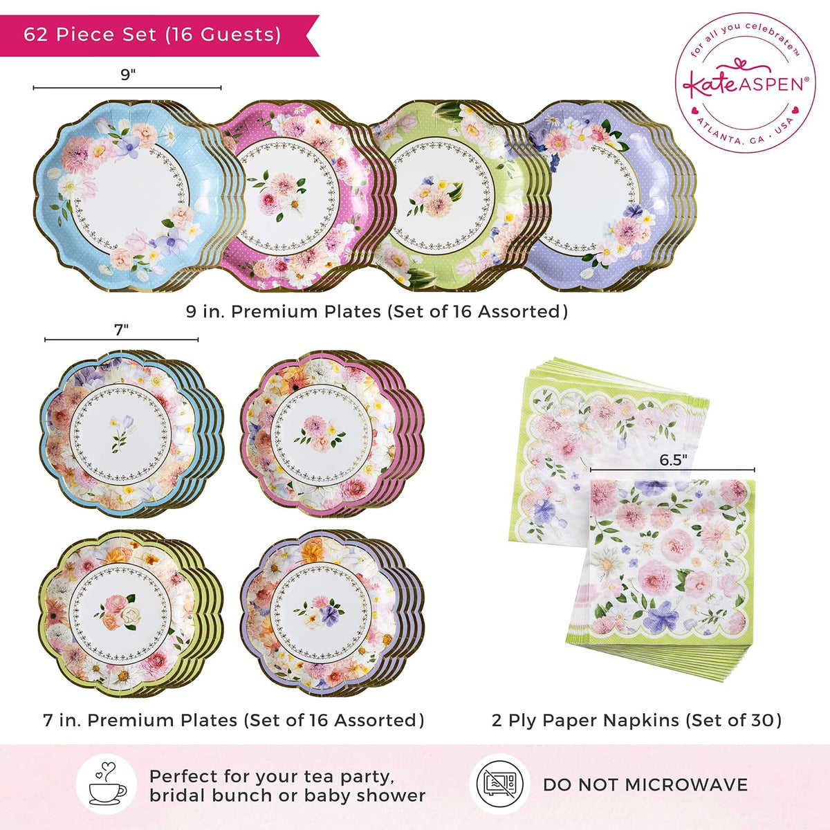 Kate Aspen - Juego de vajilla para decoración de fiesta de té (62 unidades, 16 invitados), coloridos suministros de fiesta en colores pastel para despedidas de soltera, baby shower, fiesta en el jardín, cumpleaños