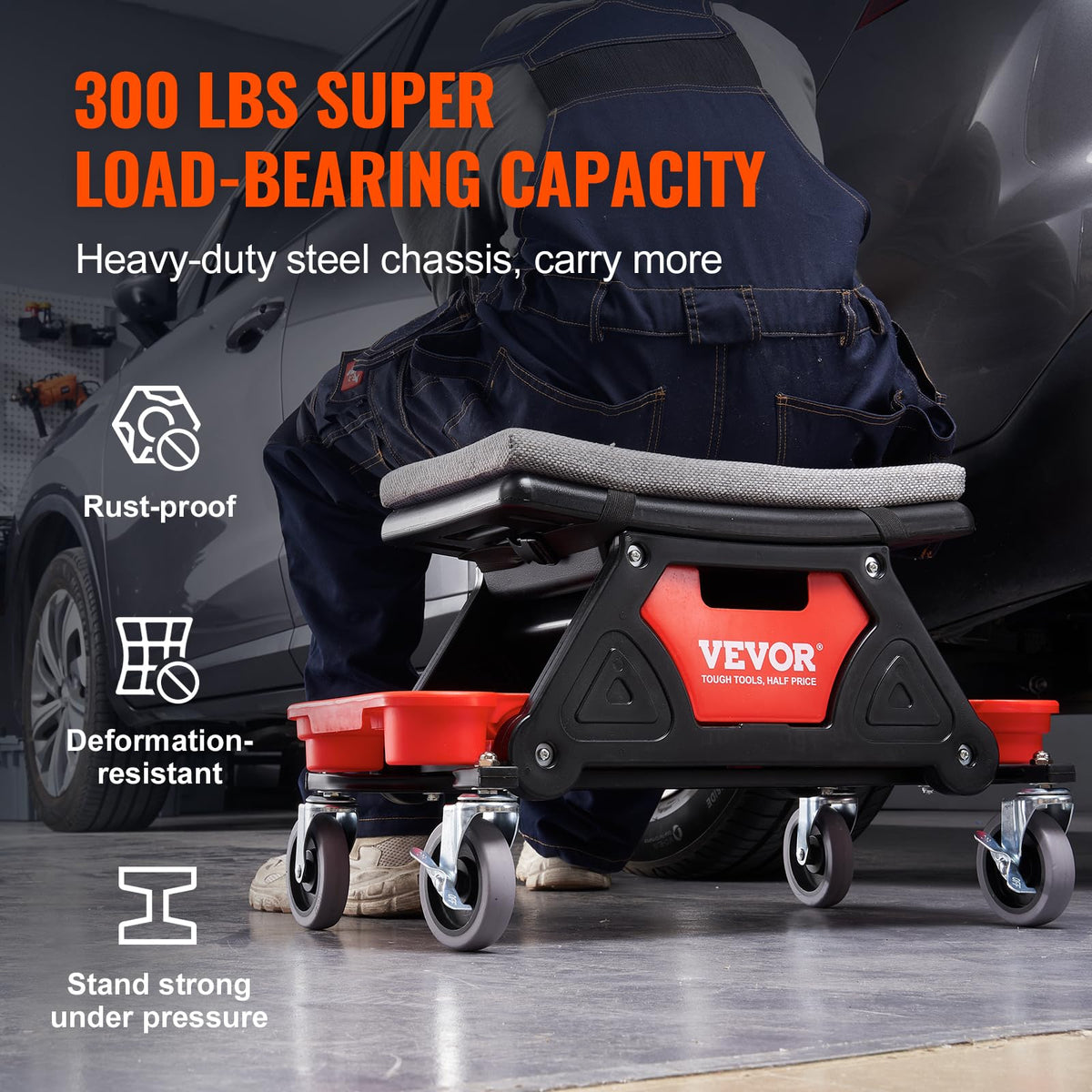 VEVOR Taburete de Taller Móvil 640 x 335 x 390 mm, Carga 136 kg Taburete de Mecánico con 2 Ruedas Asiento con Cerradura 450 x 250 mm con Bandejas de Herramientas para Mantenimiento, Reparación
