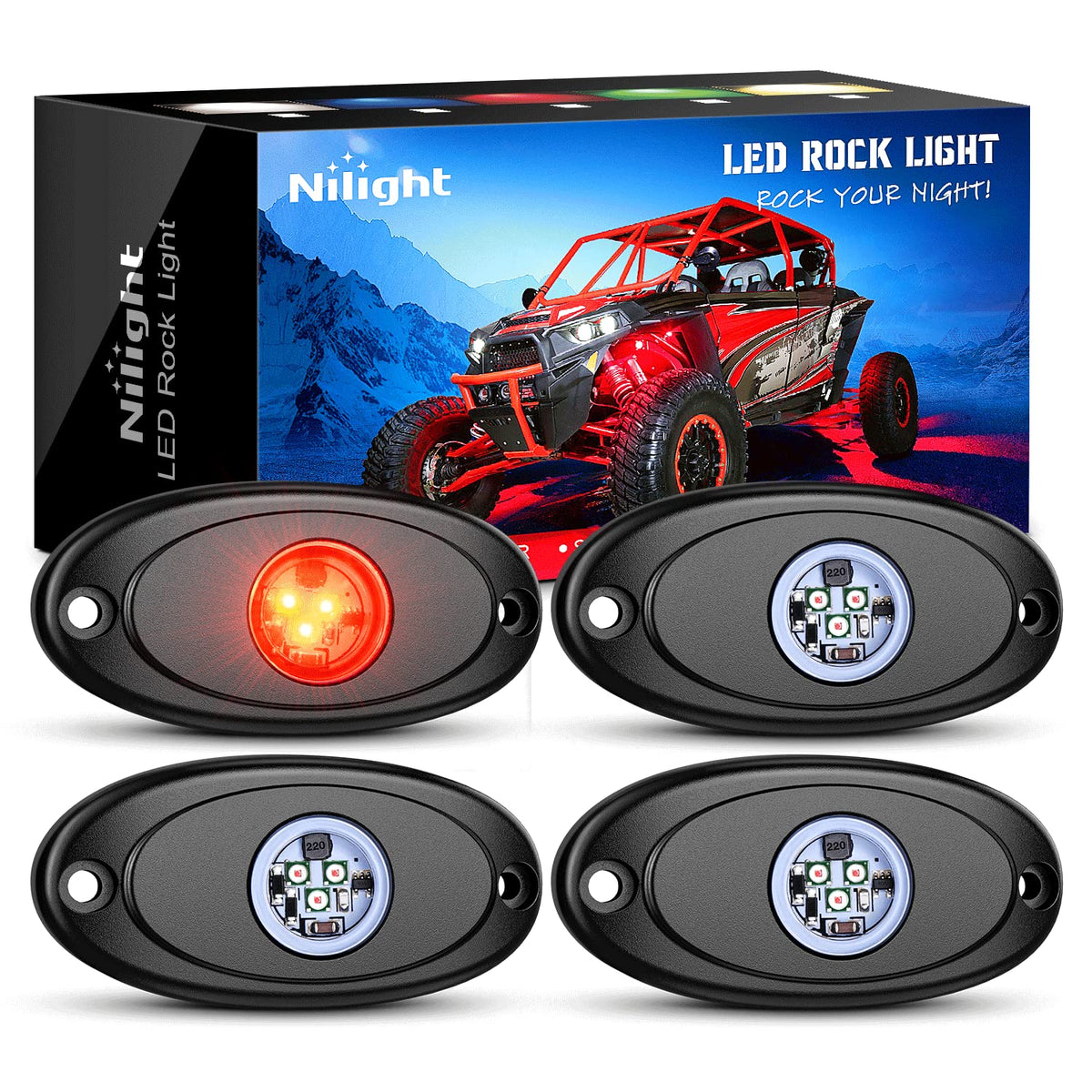 Nilight - Juego de 4 Luces LED de Roca para Ruedas subidas, Impermeables, para Exteriores, bajo la carrocería, Luces Laterales para Automóvil, camión, camionetas, ATV, UTV, SUV, Motocicleta, Barco, Color