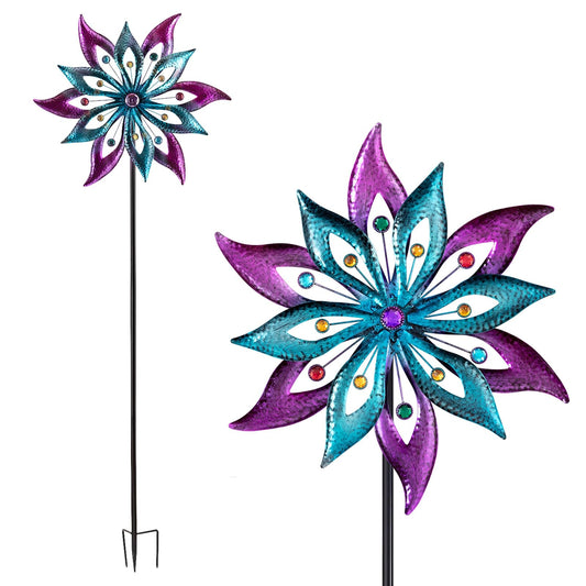 Alpine Corporation 64" Tall Outdoor Floral Windmill Stake with Gems Kinetic Spinner, Purple and Aqua