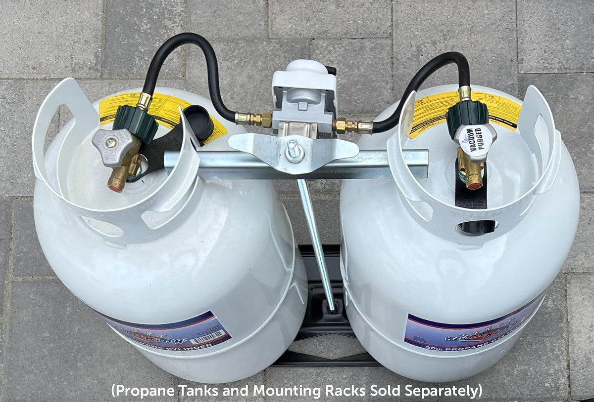Flame King (KT12ACR-2a) Regulador de gas propano LP de cambio automático de 2 etapas con dos coletas de 12 pulgadas para caravanas, furgonetas, remolques