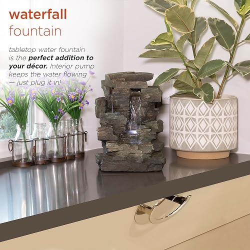 Alpine Corporation WIN220 Fuente de Cascada de Rocas Calmantes de 4 Niveles para Mesa Interior con Luces LED, 13", Gris