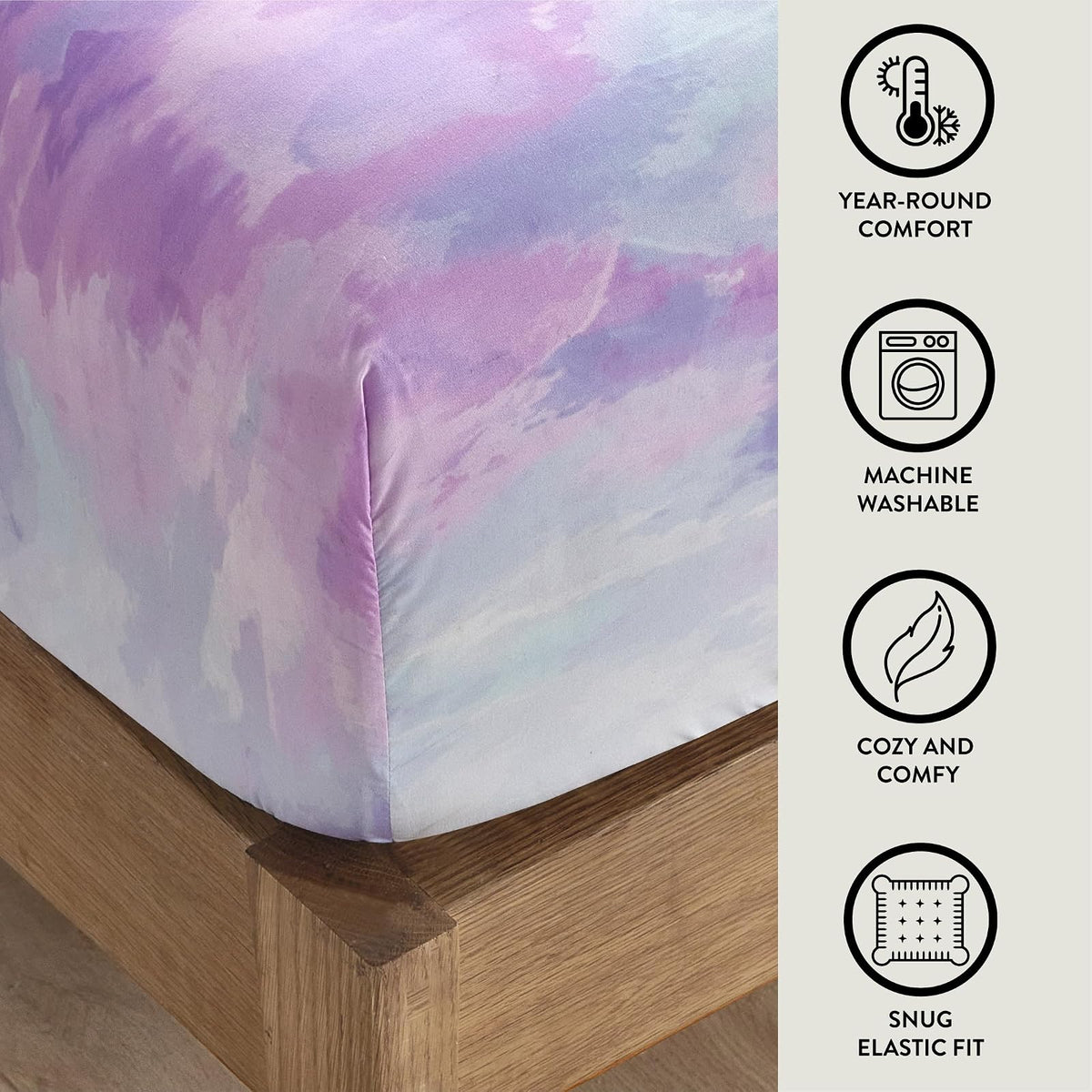 Heritage Kids - Juego de sábanas matrimoniales de 4 piezas – color morado acuarela, incluye sábana superior, sábana bajera ajustable y 2 fundas de almohada, ropa de cama suave y cómoda para habitación