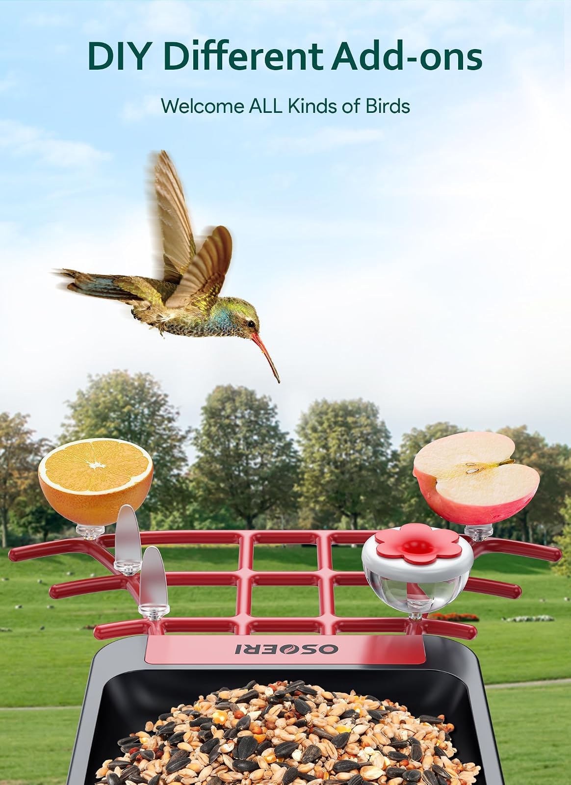 Osoeri Comedero para Pájaros con Cámara, Inteligente con IA, Identifica Aves, 1080P, Captura Vídeos Automática, Detección de Movimiento, Accesorios DIY, Regalo (Rojo Negro)