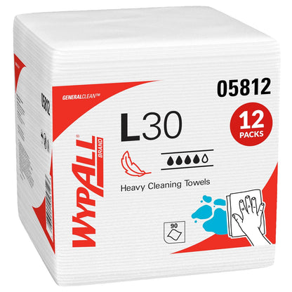 WypAll® GeneralClean™ L30 - Toallas de limpieza resistentes (05812), cuarto de pliegue, resistentes y suaves, color blanco (90 hojas/paquete, 12 paquetes/estuche, 1080 hojas/estuche)