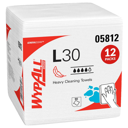 WypAll® GeneralClean™ L30 - Toallas de limpieza resistentes (05812), cuarto de pliegue, resistentes y suaves, color blanco (90 hojas/paquete, 12 paquetes/estuche, 1080 hojas/estuche)