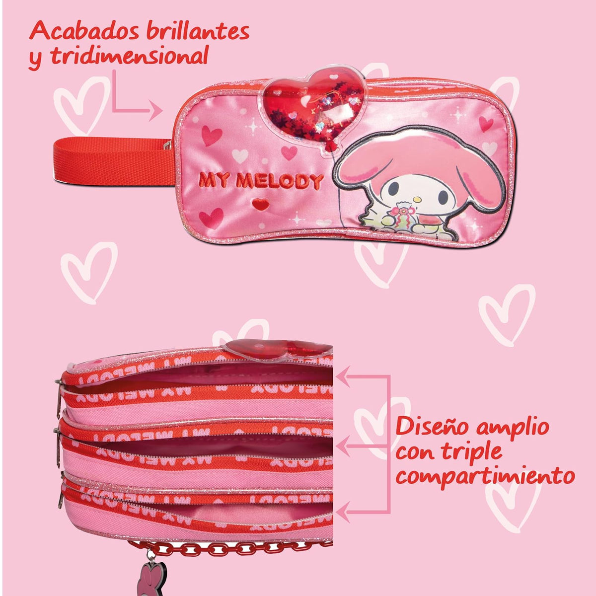 Ruz Lapicera Triple Infantil y Preescolar | My Melody | 100% Poliéster | Bolso Escolar para Niños con Múltiples Bolsillos y Cierre de Cremallera | Recomendado desde 3 años