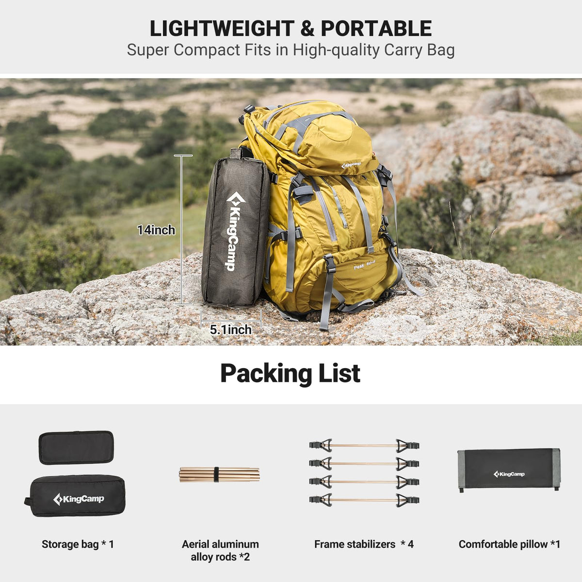 KingCamp - Cuna de Camping, Plegable, portátil, Resistente, Ultraligera, para Adultos, Tienda de campaña, Senderismo, mochilero, Viajes, Interior, Exterior, Interior, Interior, Interior, Campamento