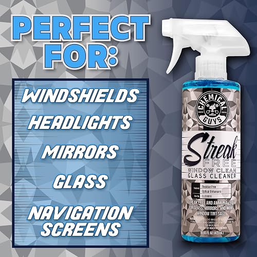 Chemical Guys Limpiador de cristales y ventanas sin rayas (Funciona en espejos, pantallas de navegación y más), sin amoníaco y seguro para cristales tintados, 473 ml