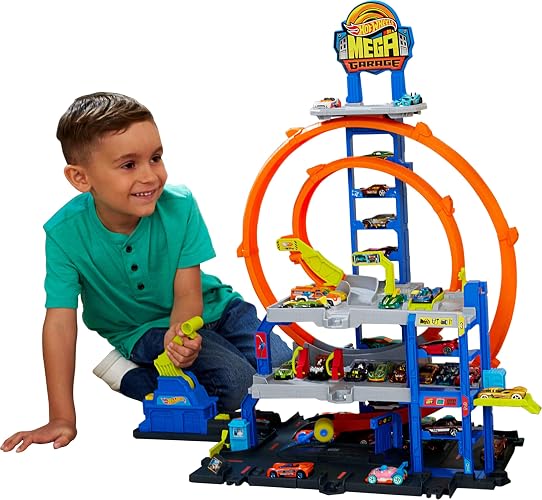Hot Wheels City Mega Garage con Elevador, Pista de Tres Niveles y Helicóptero, Juego Interactivo con Auto a Escala 1:64, para Niños de 4 Años en Adelante