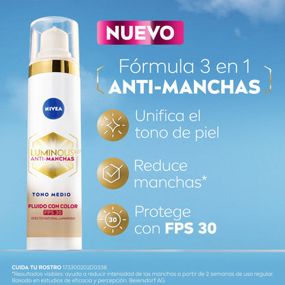 NIVEA Luminous 630 Fluido con Color 3 en 1 Tono Medio (40 ml) - Enriquecido con Ácido Hialurónico y Vitamina E para una Piel Luminosa sin Manchas por Edad, Solares u Hormonales