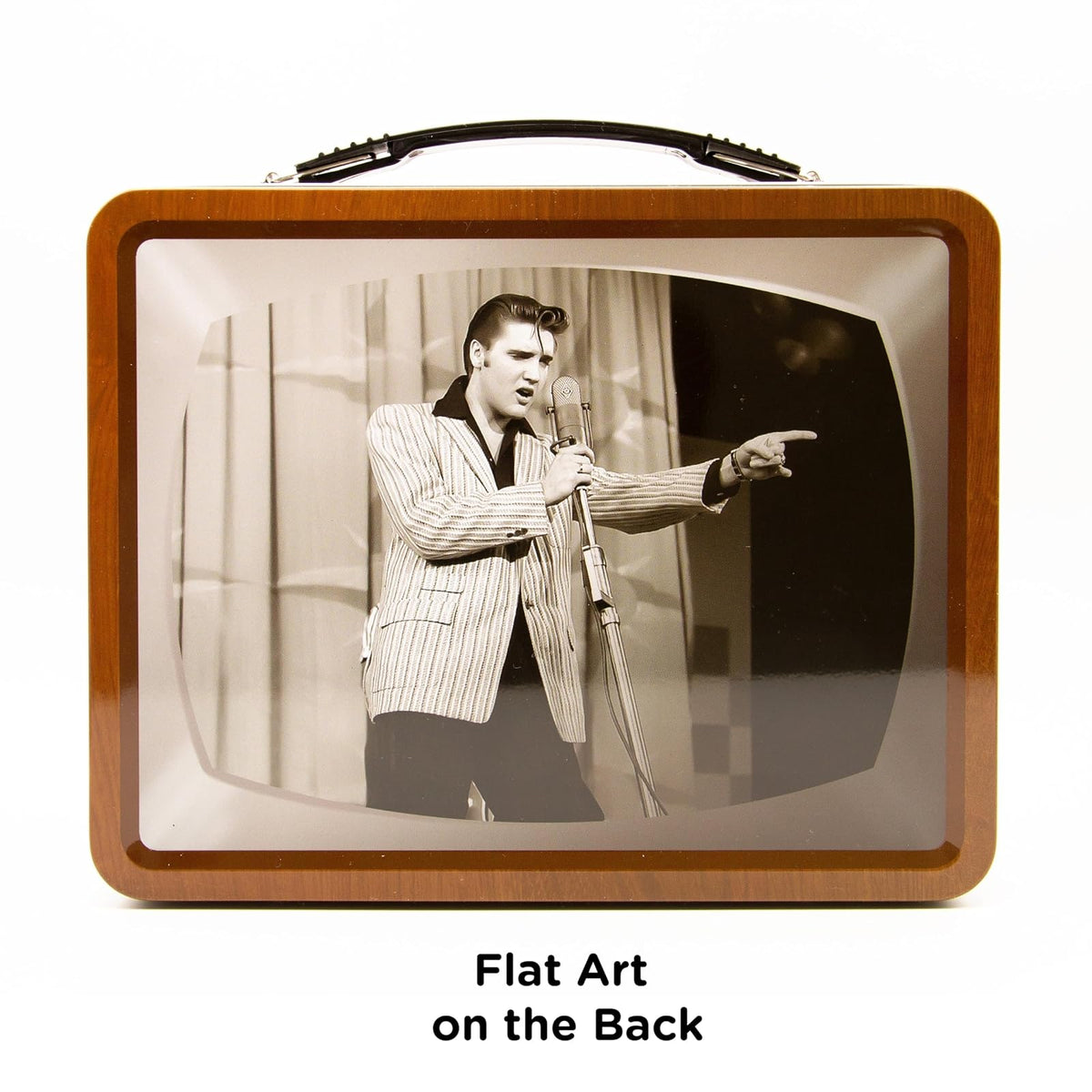 AQUARIUS Elvis TV Fun Box - Caja de almacenamiento de lata resistente con mango de plástico y cubierta frontal en relieve, con licencia oficial de Elvis y regalo coleccionable