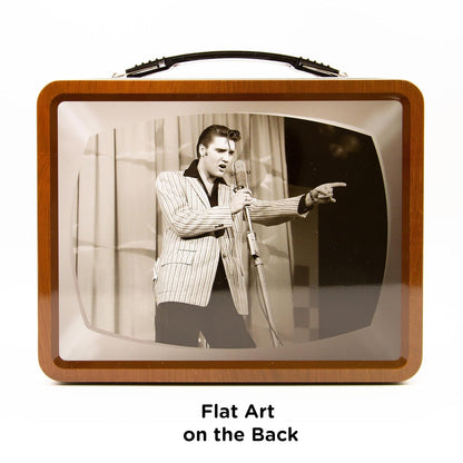 AQUARIUS Elvis TV Fun Box - Caja de almacenamiento de lata resistente con mango de plástico y cubierta frontal en relieve, con licencia oficial de Elvis y regalo coleccionable