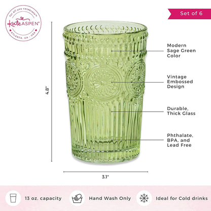 Juego de vasos de vidrio con relieve clásico de 6 a 13 onzas para agua, té helado, cócteles, cristalería de colores para cocina, vasos clásico, bonitos vasos de vidrio, vasos bohemios