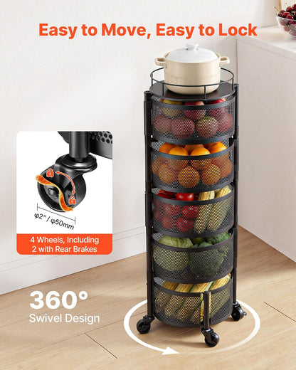 VEVOR Carro de Cocina de 5 Niveles, Carrito Auxiliar con Cestas de Alambre Giratorias para Frutas y Verduras, Carrito con Ruedas con Tapa Metálica, para Cocina, Baño, 340 x 315 x 942 mm, Negro