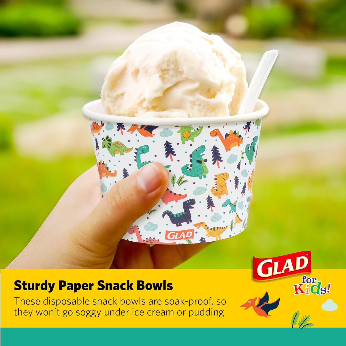 Glad for Kids - Cuencos de papel de dinosaurio, 20 unidades, tapas no incluidas, cuencos desechables con diseño de dinosaurio, para niños, cuencos de papel desechables resistentes para uso diario, 12